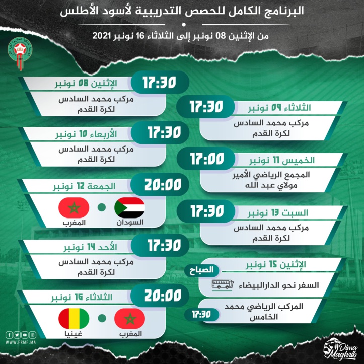 Mondial 2022: le programme des Lions de l'Atlas avant les matchs contre le Soudan et la Guinée Mondial 2022: le programme des Lions de l'Atlas avant les matchs contre le Soudan et la Guinée
