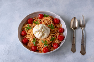 Spaghettis caramélisés au balsamique et burrata