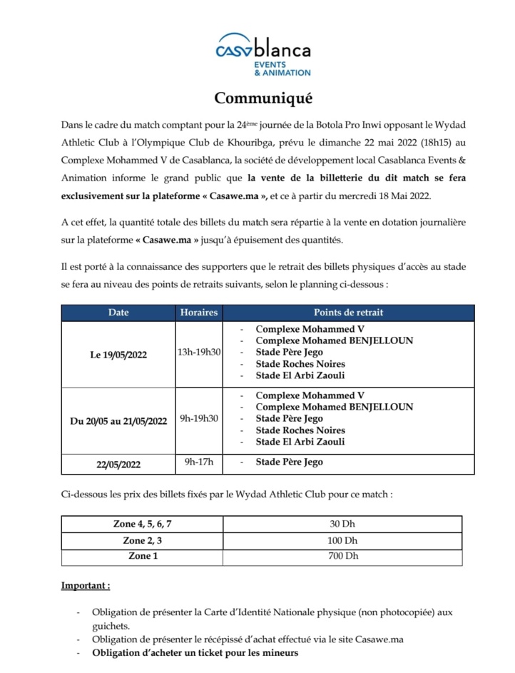 Botola Pro : Casa Event lance la billetterie du match Wydad-OCK