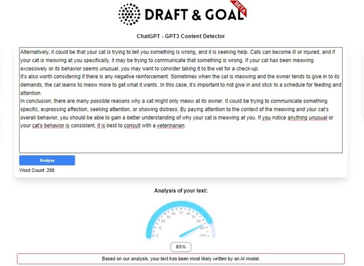 Après analyse, l’outil indique par une note si le texte a été rédigé par ChatGPT.©Draft and Goal Après analyse, l’outil indique par une note si le texte a été rédigé par ChatGPT.©Draft and Goal