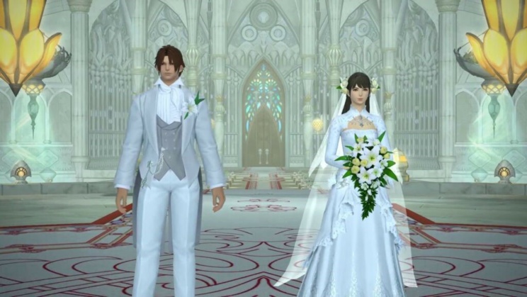 Un aperçu de la quête « Lien éternel » dans Final Fantasy XIV, qui fait évidemment référence au mariage. Un aperçu de la quête « Lien éternel » dans Final Fantasy XIV, qui fait évidemment référence au mariage.