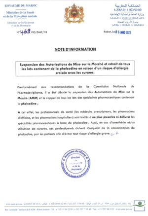 Alerte : Suspension au Maroc des antitussifs à base de pholcodine Alerte : Suspension au Maroc des antitussifs à base de pholcodine