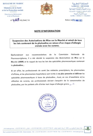 Alerte : Suspension au Maroc des antitussifs à base de pholcodine