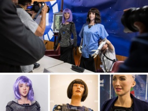 Les IA Grace, Ameca, Desdemona, Sophia et Ai-Da tiennent une conférence à Genève devant les journalistes Les IA Grace, Ameca, Desdemona, Sophia et Ai-Da tiennent une conférence à Genève devant les journalistes