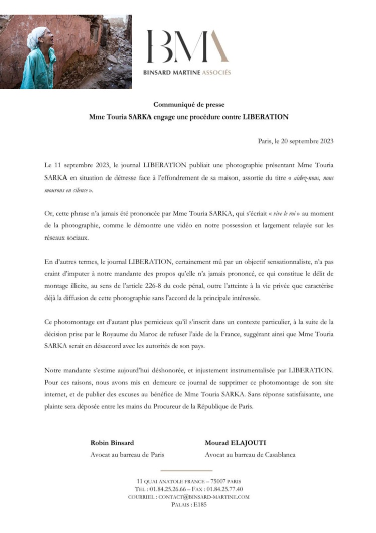 Touria Sarka : je demande au quotidien Libération des excuses et de retirer ma photo Touria Sarka : je demande au quotidien Libération des excuses et de retirer ma photo