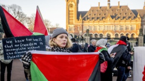 Manifestation pro-palestinienne devant la Cour internationale de Justice (CIJ) à La Haye, le 11 janvier 2024. © Robin Utrecht, AFP