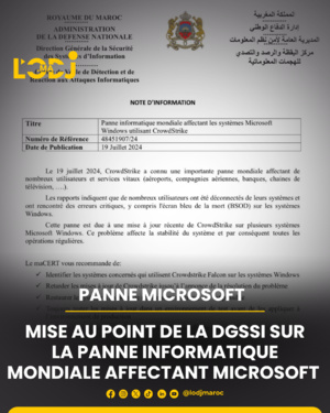🔔 Mise au point de la DGSSI sur la panne informatique Mondiale Affectant Microsoft 🌐 🔔 Mise au point de la DGSSI sur la panne informatique Mondiale Affectant Microsoft 🌐