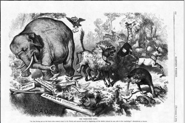 «The Third Party Panic» de Thomas Nast dépeint le Parti démocrate en âne déguisé en lion, faisant peur à tous les animaux sauf à un éléphant portant l'inscription «le vote républicain». Thomas Nast «The Third Party Panic» de Thomas Nast dépeint le Parti démocrate en âne déguisé en lion, faisant peur à tous les animaux sauf à un éléphant portant l'inscription «le vote républicain». Thomas Nast