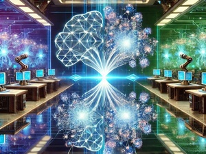 un réseau neuronal lumineux et complexe se divisant et se dupliquant dans un laboratoire high-tech