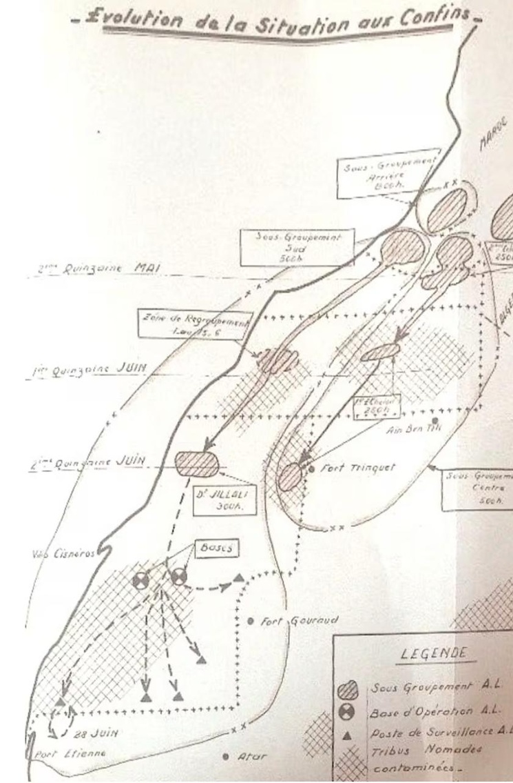 Carte "Évolution de la situation militaire aux confins algéro-marocains-mauritaniens, ANOM, Aix-en-Provence, FGGA, Fonds ministériel, Affpol/2321 Carte "Évolution de la situation militaire aux confins algéro-marocains-mauritaniens, ANOM, Aix-en-Provence, FGGA, Fonds ministériel, Affpol/2321