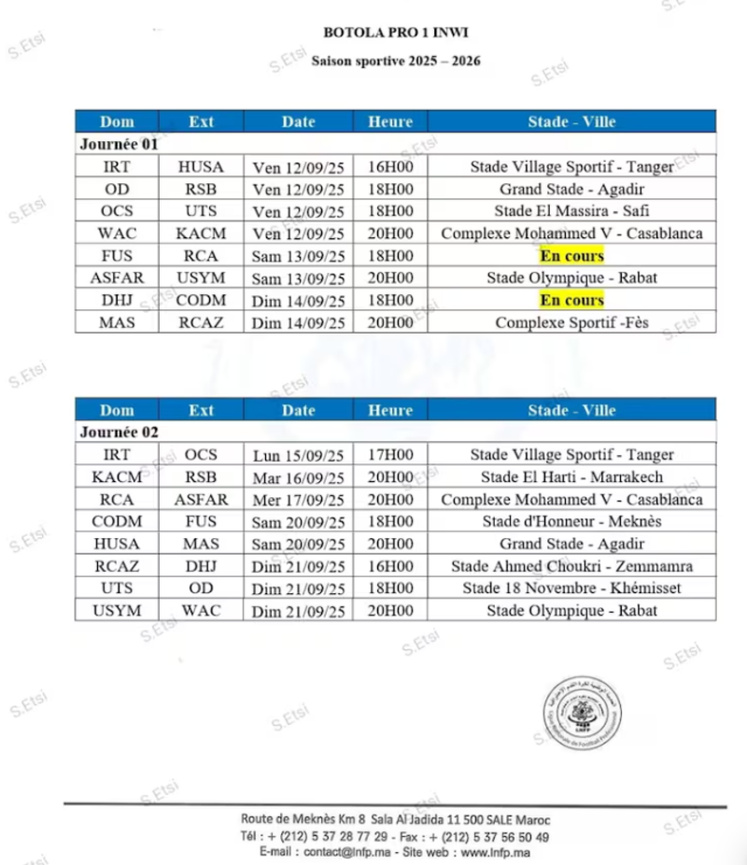 La LNFP dévoile le programme des deux prochaines journées de Botola Pro D1 Inwi La LNFP dévoile le programme des deux prochaines journées de Botola Pro D1 Inwi