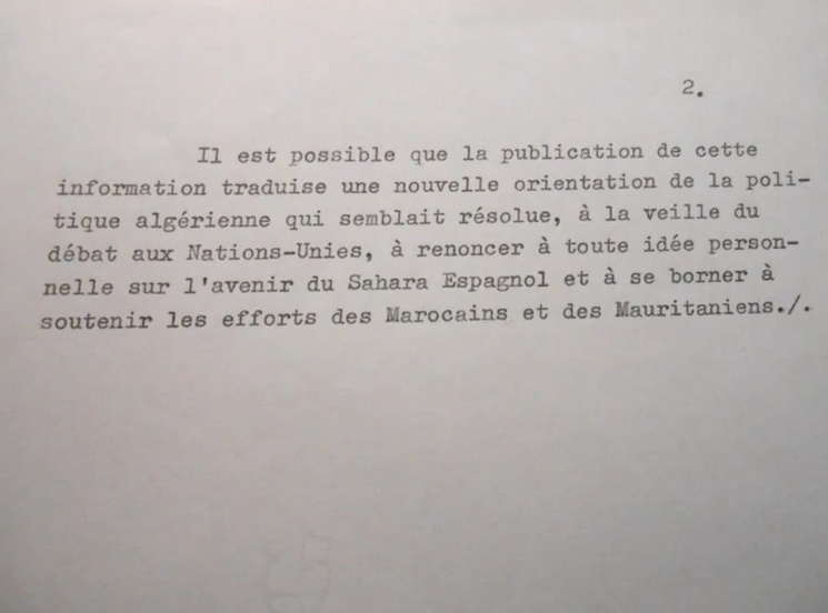 Télégramme de l’ambassadeur de France à Alger, Basdevant, qui traite de la couverture du Journal algérien La République des événements de Laâyoune en 1970 et la nouvelle orientation de la politique algérienne sur le Sahara. Archives de La Courneuve, ANMO, Maroc 1972-1982, Carton 897.