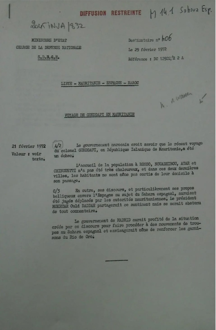 Note secrète du SDECE intitulée «Voyage de Gueddafi en Mauritanie» datée du 29 février 1972, Ministère d’Etat chargé de la Défense nationale, Archives de La Courneuve, ANMO, Maroc 1972-1982, Carton 897.