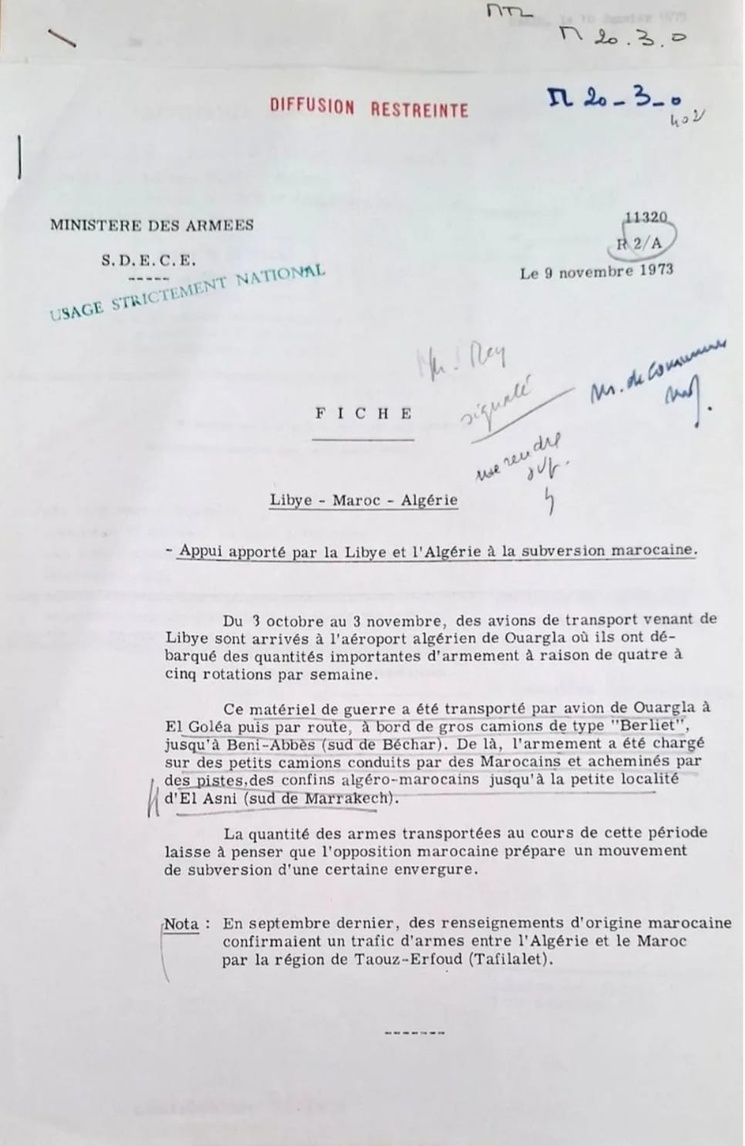 Note du SDECE intitulée «Appui apporté par la Libye et l’Algérie à la subversion marocaine», du 9 novembre 1973, Ministère des Armées, Archives de La Courneuve, ANMO, Maroc 1972-1982, Carton 897.