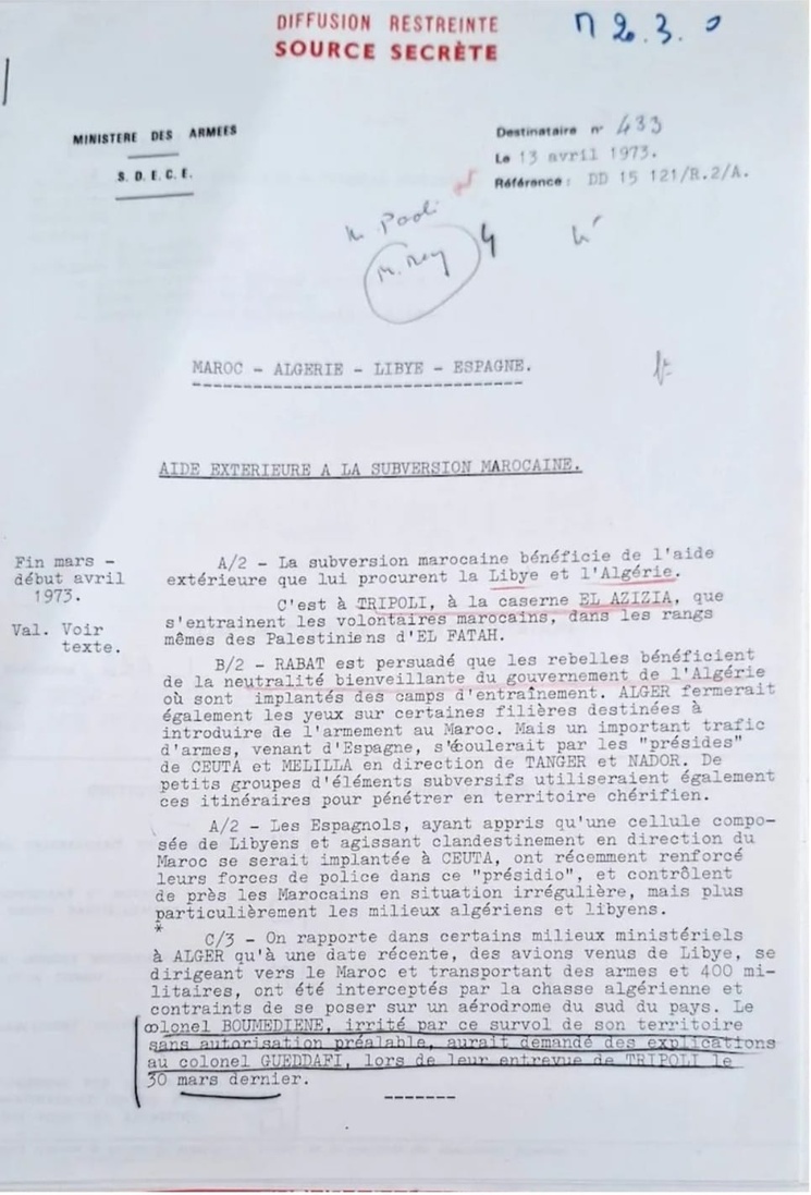 Note du SDECE intitulée «Aide Extérieure à la subversion marocaine», du 13 avril 1973, Ministère des Armées, Archives de La Courneuve, ANMO, Maroc 1972-1982, Carton 897.