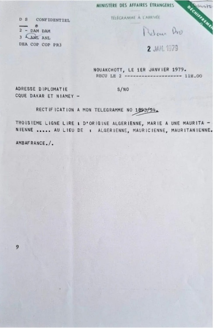 Télégramme diplomatique daté du 29 décembre 1978, envoyé de Nouakchott par l’ambassadeur de France, Removille, à Niamey (page 2/2). Il s’agit d’une fiche sur le cerveau du Coup d’Etat de Nouakchott du 10 juillet 1978, suivi d’un second télégramme qui rectifie l’origine mauritanienne au lieu de haïtienne de Bachir Nagli. Archives diplomatiques de La Courneuve, Direction Afrique du Nord et du Moyen Orient, ANMO, Algérie, Carton 225, 1973-1982.