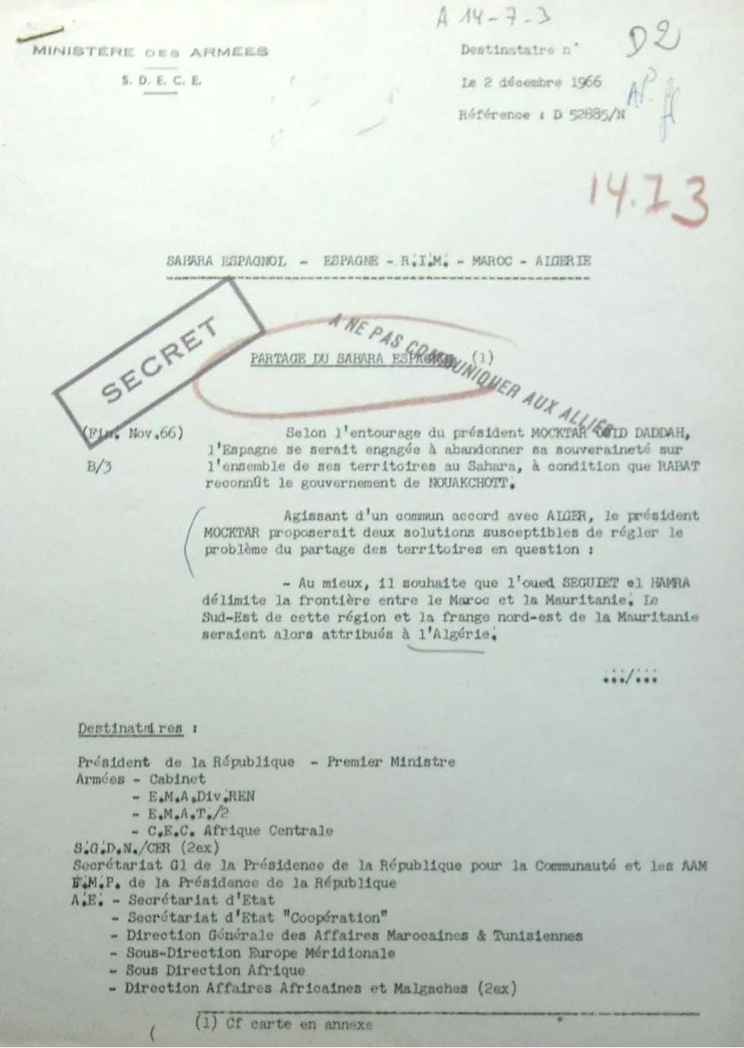 Document intitulé Partage du Sahara espagnol (page 1/2), du ministère des Armées (SDECE), Archives diplomatiques de La Courneuve, Service de liaison avec l’Algérie, carton 49.
