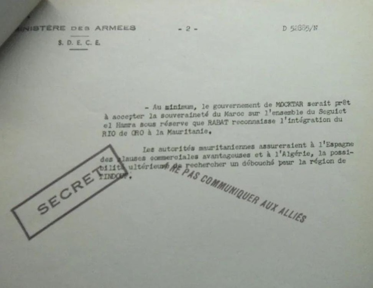 Document intitulé Partage du Sahara espagnol (page 2/2), du ministère des Armées (SDECE), Archives diplomatiques de La Courneuve, Service de liaison avec l’Algérie, carton 49.