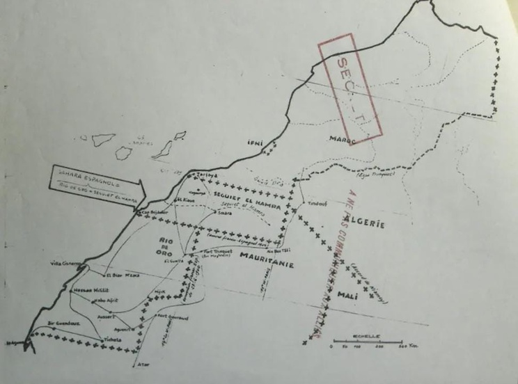 Carte accompagnant le document intitulé Partage du Sahara espagnol, du ministère des Armées (SDECE), Archives diplomatiques de La Courneuve, Service de liaison avec l’Algérie, carton 49.