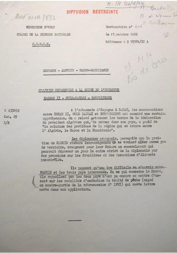 Document intitulé Craintes espagnoles à la suite de l'entrevue Hassan II-Ould Daddah-Boumediene, du ministère d'État chargé de la Défense nationale (SDECE), Archives diplomatiques de La Courneuve, Service de liaison avec l’Algérie, carton 49.