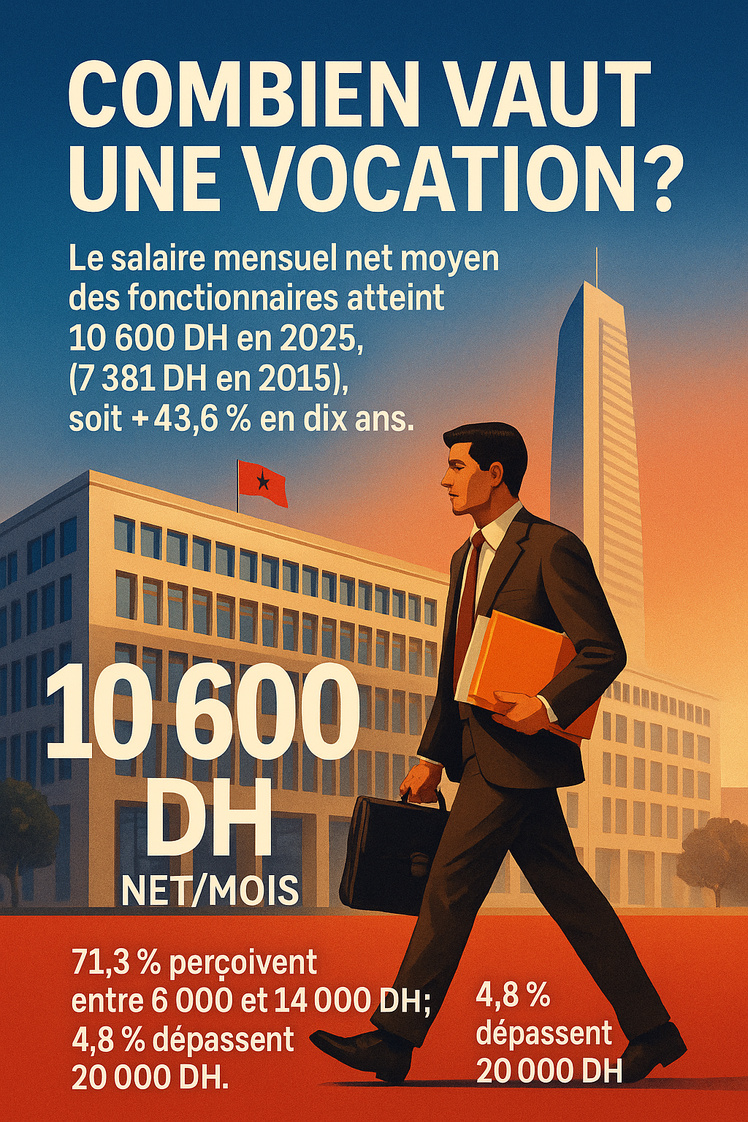 Le salaire mensuel net moyen dans la fonction publique marocaine s’établit à 10.600 dirhams en 2025, contre 7.381 dirhams en 2015 Le salaire mensuel net moyen dans la fonction publique marocaine s’établit à 10.600 dirhams en 2025, contre 7.381 dirhams en 2015