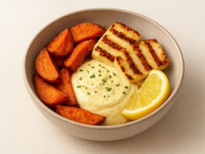 Le Bol Chaud de l’Hiver : patate douce rôtie, halloumi grillé & sauce parisienne citron