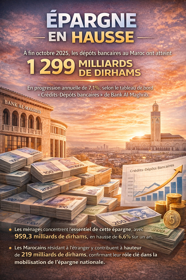 Épargne en hausse. À fin octobre 2025, les dépôts bancaires au Maroc ont atteint 1.299 milliards de dirhams, plus 7,1%,