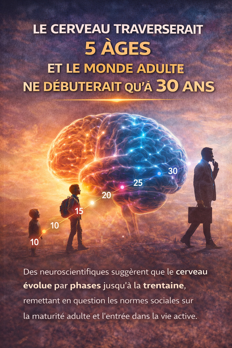 Le cerveau traverserait 5 âges et le monde adulte ne débuterait qu'à 30 ans. Le cerveau traverserait 5 âges et le monde adulte ne débuterait qu'à 30 ans.