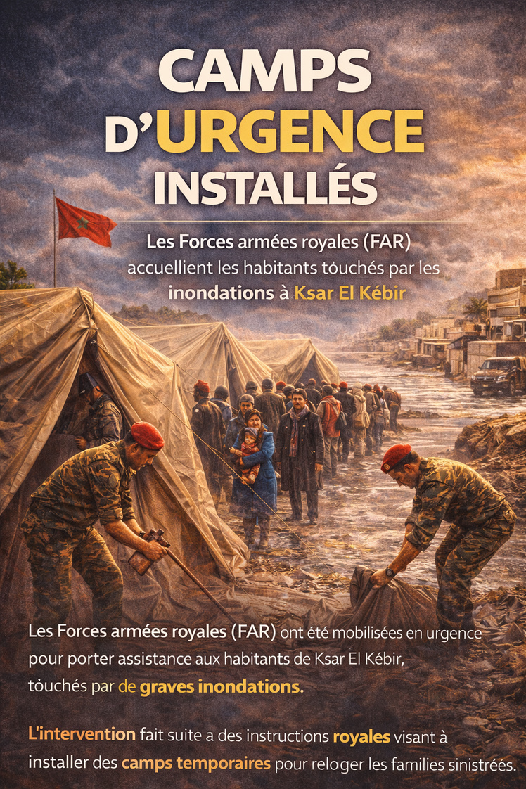 Les Forces armées royales (FAR) installent des camps d’urgence pour accueillir les habitants touchés par les inondations à Ksar El Kébir. Les Forces armées royales (FAR) installent des camps d’urgence pour accueillir les habitants touchés par les inondations à Ksar El Kébir.