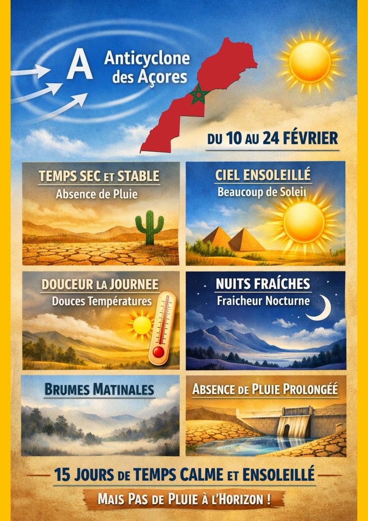 L’anticyclone des Açores s’installe sur le Maroc du mardi 10 février au 24 février L’anticyclone des Açores s’installe sur le Maroc du mardi 10 février au 24 février