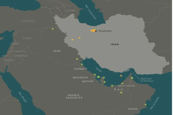 Les sites énergétiques ciblés :Attaques de drones ou missiles recensées du 28 février au 11 mars 10h GMT, attribuées en orange à Israël ou les États-Unis et en vert à l’Iran ou alliés (Données cartographiques : OSM Sources : bureaux AFP, Acled, ISW-CTP)