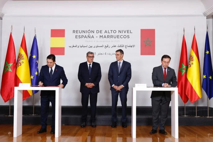 Signature d’un accord par Nasser Bourita, ministre des Affaires étrangères, et son homologue espagnol José Manuel Albares, à l’issue de la 13e Réunion de haut niveau Maroc-Espagne, qui s’est tenue à Madrid les 3 et 4 décembre 2025