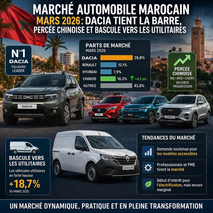 Marché automobile marocain, mars 2026: Dacia tient la barre, percée chinoise et bascule vers les utilitaires Marché automobile marocain, mars 2026: Dacia tient la barre, percée chinoise et bascule vers les utilitaires