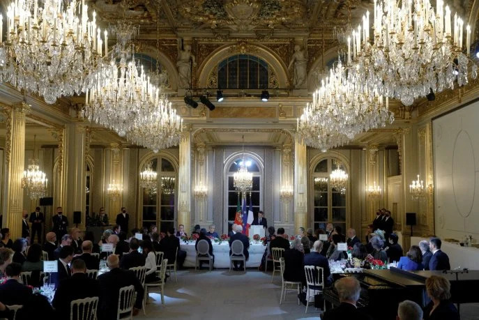 Le dîner d'ouverture de la Saison croisée France-Portugal à l'Élysée, à Paris, le 11 février 2022. (Photo de Stefano RELLANDINI / AFP)