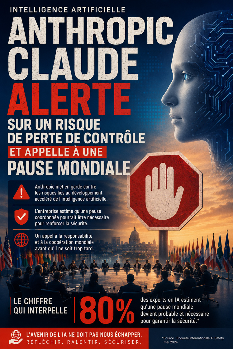 Anthropic Claude alerte sur un risque de perte de contrôle et appelle à une pause mondiale. Anthropic Claude alerte sur un risque de perte de contrôle et appelle à une pause mondiale.