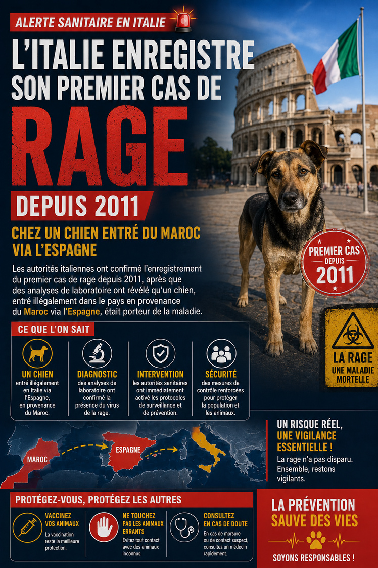 L’Italie enregistre son premier cas de rage depuis 2011 chez un chien entré du Maroc via l’Espagne. L’Italie enregistre son premier cas de rage depuis 2011 chez un chien entré du Maroc via l’Espagne.