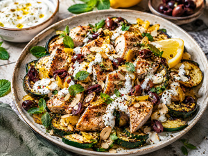 Blancs de poulet aux courgettes rôties, zaatar, citron et olives noires Blancs de poulet aux courgettes rôties, zaatar, citron et olives noires