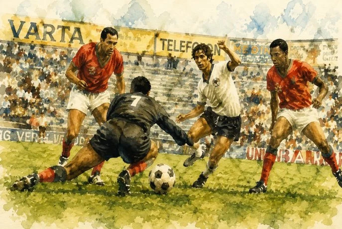 Image tirée et travaillée d’une photo piquée et non légendée du match qui a opposé le Maroc à l’Allemagne de l’ouest