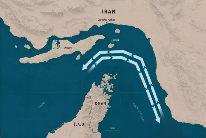 Le trafic maritime dans le détroit d'Ormuz suit des couloirs de circulation strictement balisés : deux voies de navigation (une pour chaque direction) de 3 kilomètres de large, séparées par une zone tampon de 2 kilomètres. (Graphic AFP)