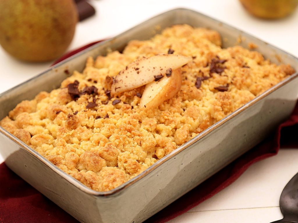 Rcette du crumble aux poires, amandes et chocolat