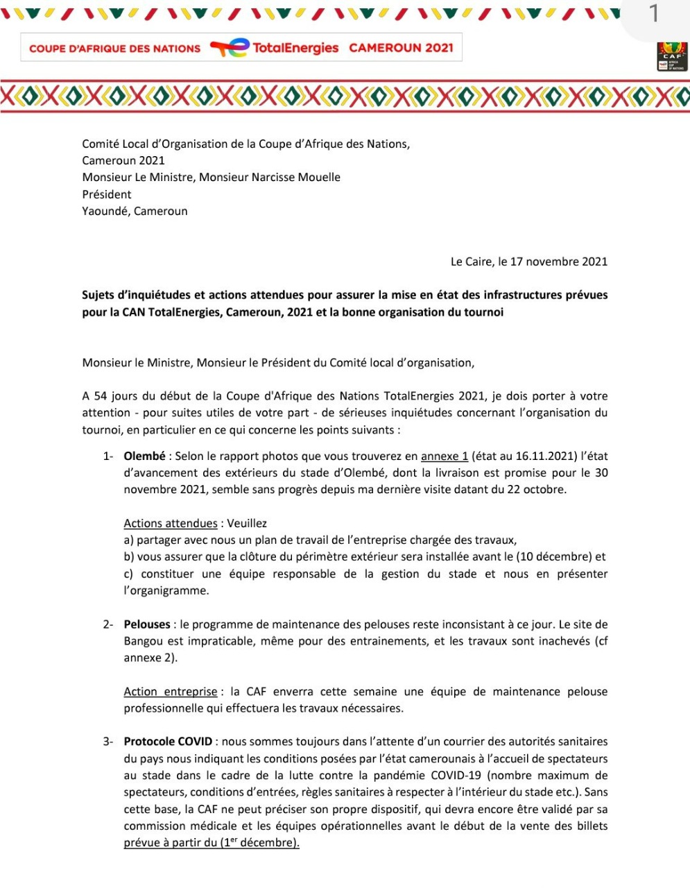 La CAF s'inquiète de la capacité du Cameroun d'organiser la CAN