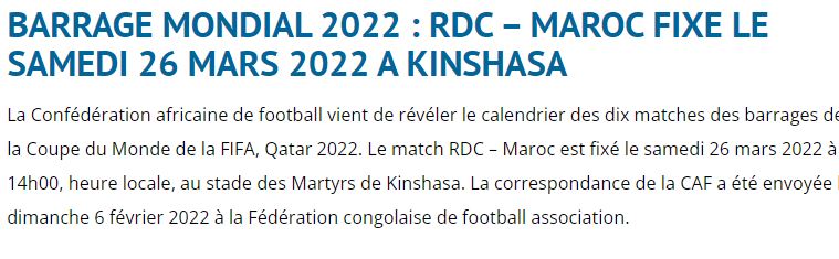 Barrages-Mondial 2022 : Voici les dates de la double confrontation Maroc-RDC