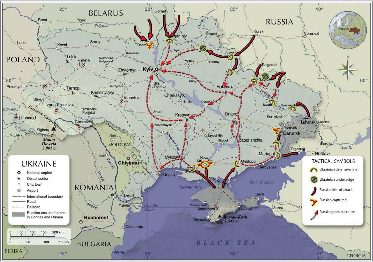 L'armée russe avance sur 4 axes en Ukraine, dans des régions russophones, sauf au Nord en direction de Kiev