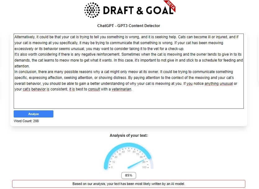 Après analyse, l’outil indique par une note si le texte a été rédigé par ChatGPT.©Draft and Goal