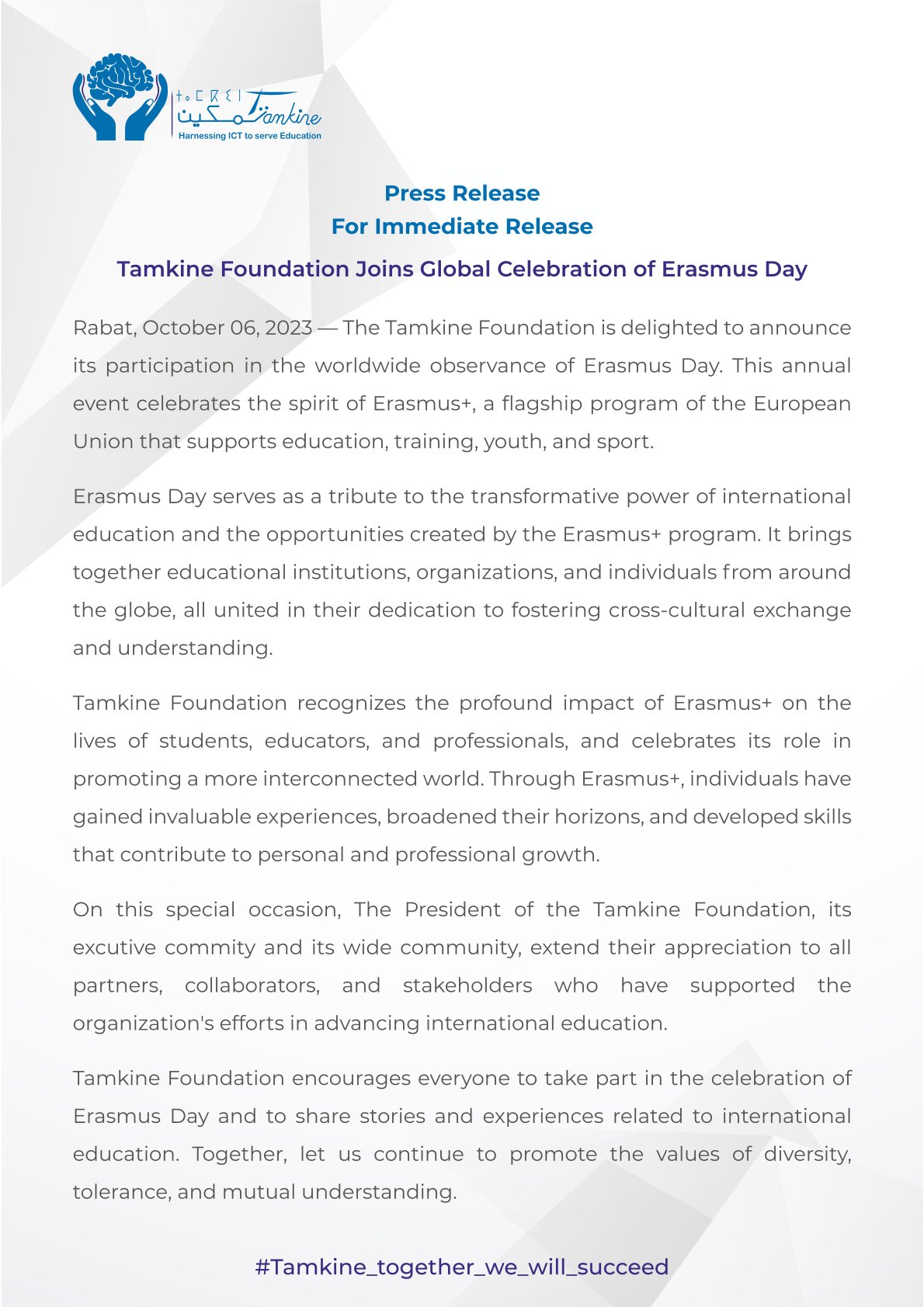 Invitation : Tamkine Foundation Celebrates Erasmus Day