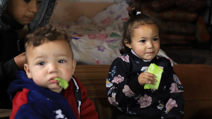 Des enfants mangent des feuilles de cactus, à défaut d'avoir trouvé d'autre nourriture, le 28 février 2024 à Beit Lahia (bande de Gaza). (MAHMUD ISA / ANADOLU / AFP)