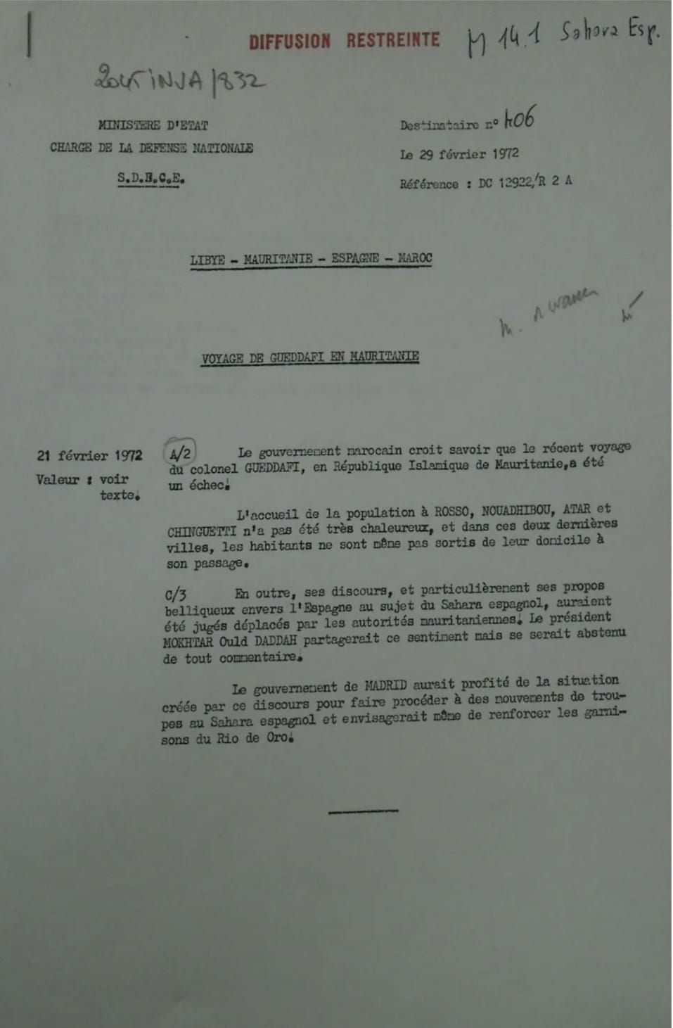 Note secrète du SDECE intitulée «Voyage de Gueddafi en Mauritanie» datée du 29 février 1972, Ministère d’Etat chargé de la Défense nationale, Archives de La Courneuve, ANMO, Maroc 1972-1982, Carton 897.