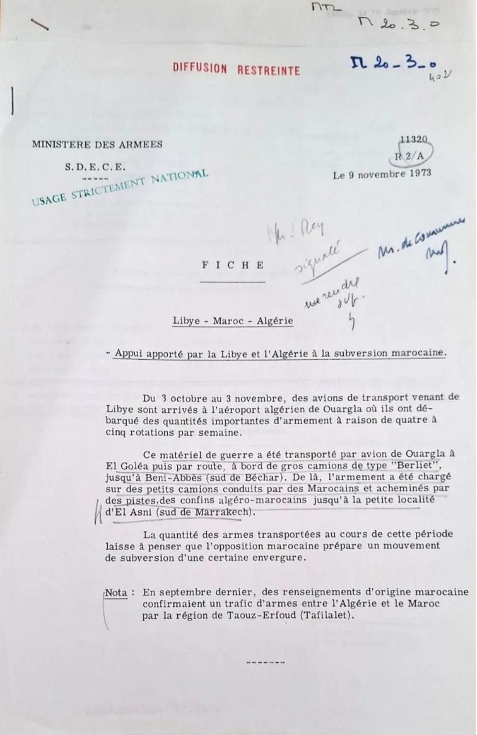 Note du SDECE intitulée «Appui apporté par la Libye et l’Algérie à la subversion marocaine», du 9 novembre 1973, Ministère des Armées, Archives de La Courneuve, ANMO, Maroc 1972-1982, Carton 897.