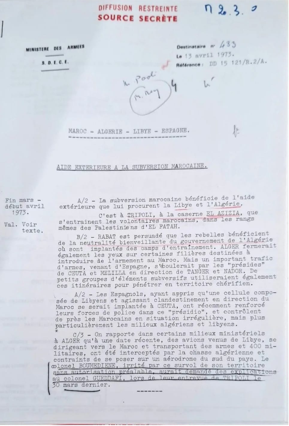 Note du SDECE intitulée «Aide Extérieure à la subversion marocaine», du 13 avril 1973, Ministère des Armées, Archives de La Courneuve, ANMO, Maroc 1972-1982, Carton 897.