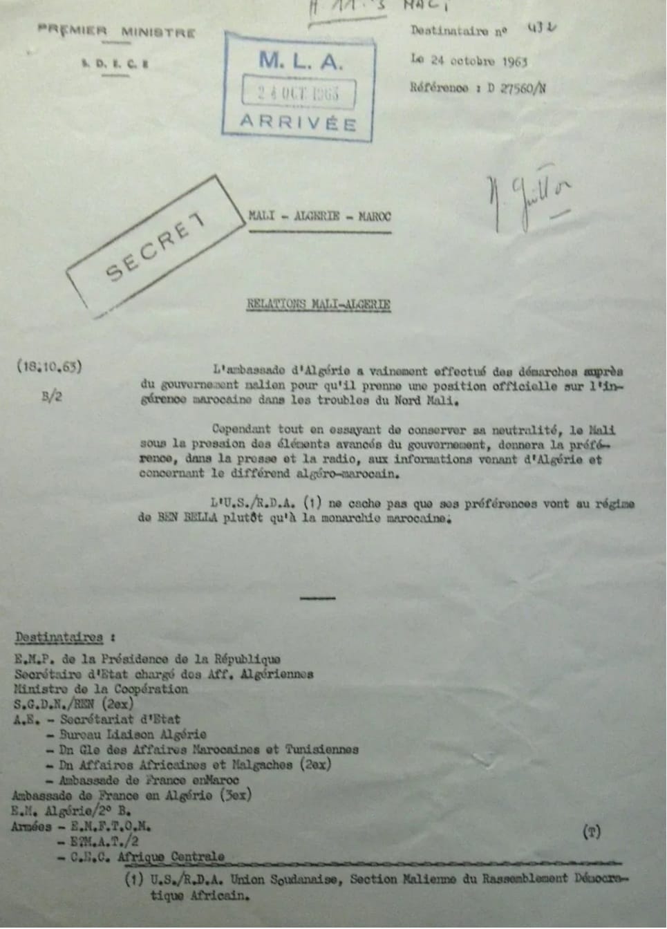 Archives de La Courneuve, Ministère des affaires étrangères, Service de Liaison avec l’Algérie, Carton 39.